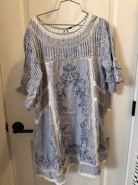 FREE PEOPLE, S- Blue and White Striped Embroidered Dress